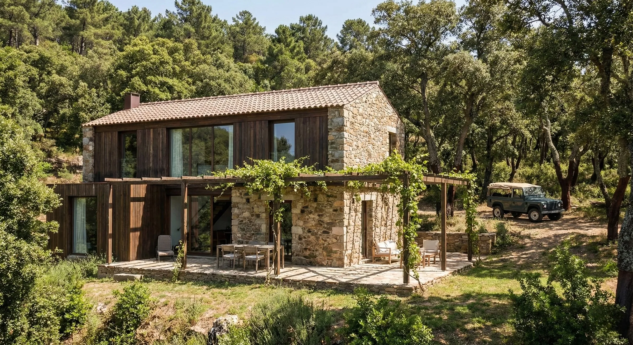 Casa de pedra com jardim e pérgola